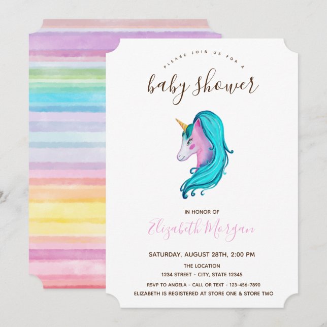 Watercolor Unicorn  Striped Baby Shower Invitation (Front/Back)