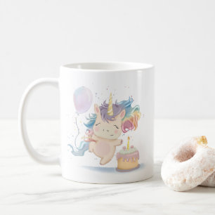 Watercolor unicorn with flower ball and cake coffee mug