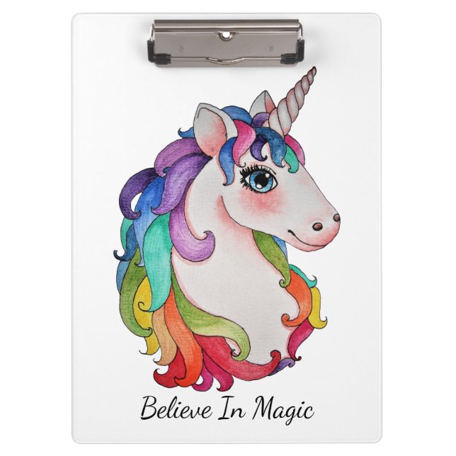 Watercolor Unicorn With Rainbow Hair Clipboard (Front)