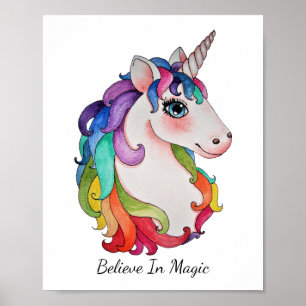 Watercolor Unicorn With Rainbow Hair Poster