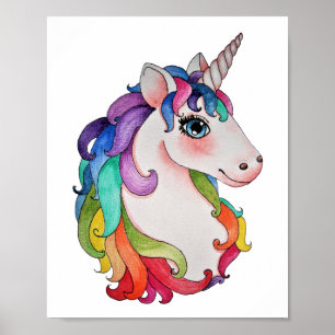 Watercolor Unicorn With Rainbow Hair Poster