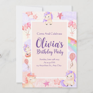Watercolor Unicorns Rainbow Balloons Pink Birthday Invitation