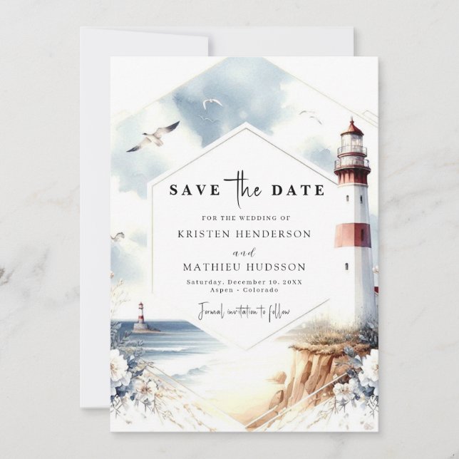 Watercolor Unique Waves Lighthouse Wedding Save The Date (Front)
