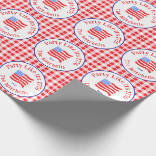 Watercolor USA Flag Party 1776 Wh Blue Red Check Wrapping Paper