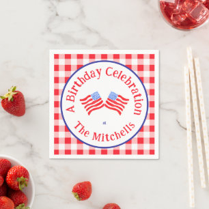 Watercolor USA Flags BIRTHDAY Red White Blu Check Napkin