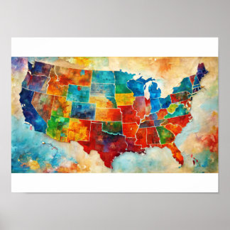 Watercolor USA Map Poster