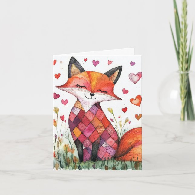 Watercolor Valentine Fox Card (Front)