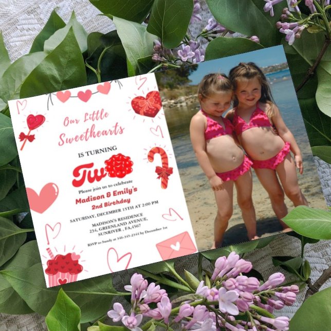 Watercolor Valentine heart Twin Girls 2nd Birthday Invitation (Creator Uploaded)