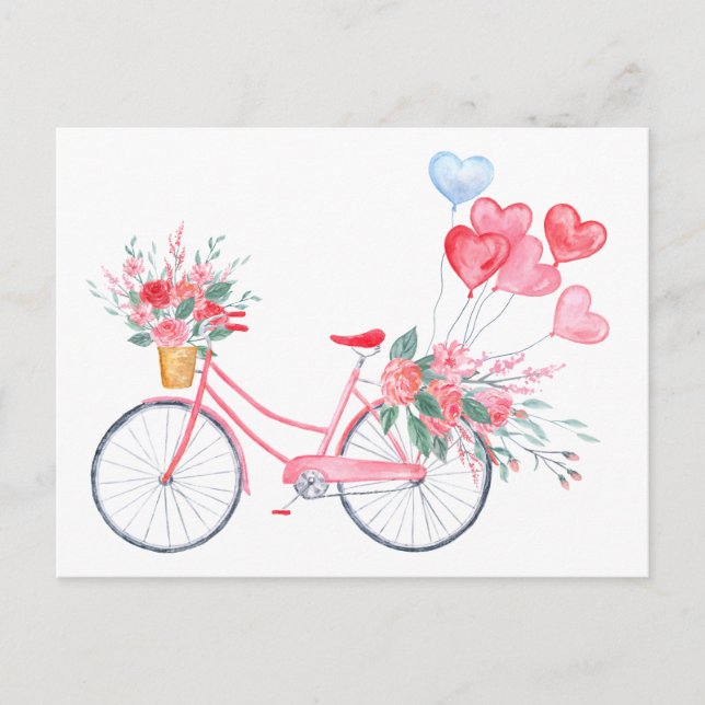 Watercolor valentine Pink bike and Heart Balloons Holiday Postcard (Front)