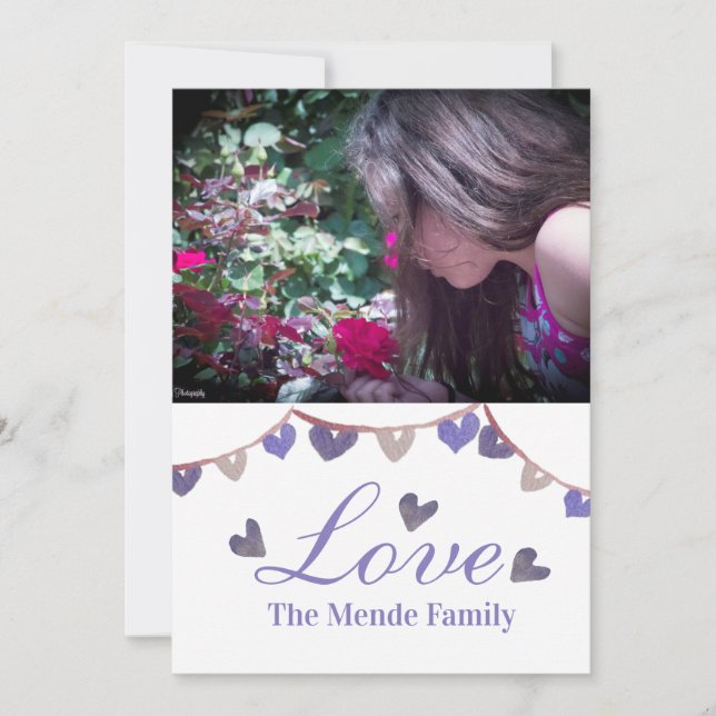 Watercolor Valentines Day Banner Heart Photo Card (Front)