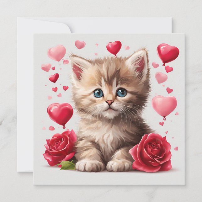 Watercolor Valentine's Day Kitten with Roses  Holiday Card (Front)
