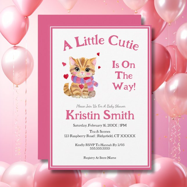 Watercolor Valentine's Day Kitty Baby Shower Invitation (Creator Uploaded)
