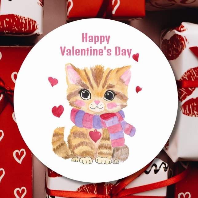 Watercolor Valentine's Day Kitty  Classic Round Sticker (Creator Uploaded)