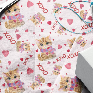 Watercolor Valentine's Day Kitty XOXO Pattern Tissue Paper