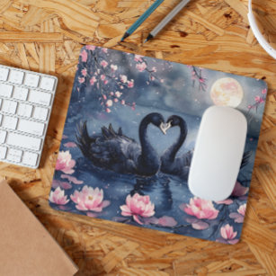Watercolor Valentine's Day Moon Swan Couple Floral Mouse Mat