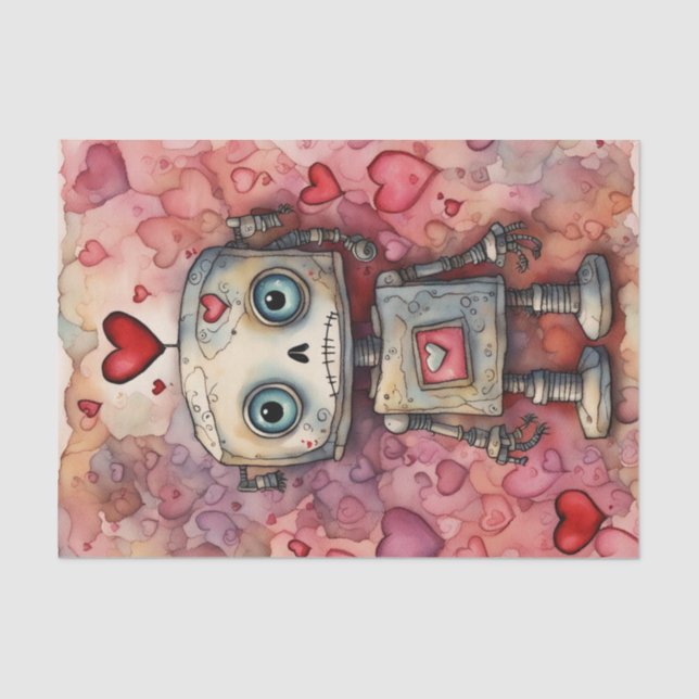 Watercolor Valentines Day Robot Decoupage Paper (Front)