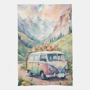 Watercolor Van with Custom License Plate Gift Tea Towel