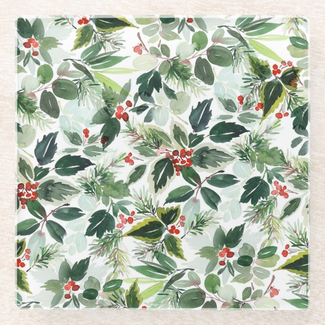 Watercolor Variegated Holly Pattern Christmas Glass Coaster (Front)