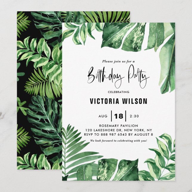 Watercolor Variegated Leaves Summer Birthday Party Invitation (Front/Back)