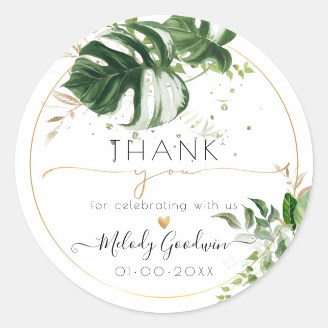 Watercolor Variegated Monstera n Tropical Greenery Classic Round Sticker (Front)