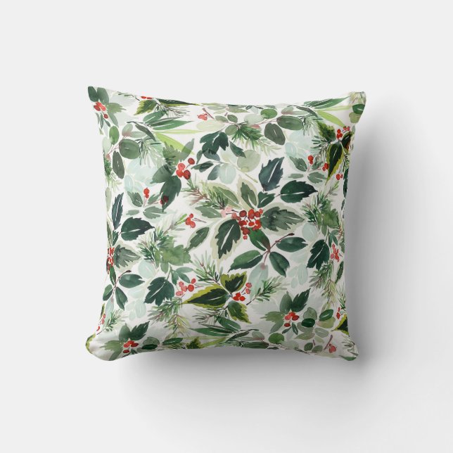 Watercolor Variegated Winterberries Christmas Cushion (Front)