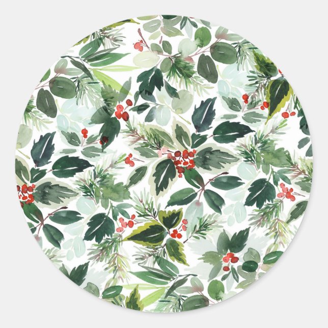 Watercolor Variegated Winterberry Christmas Classic Round Sticker (Front)