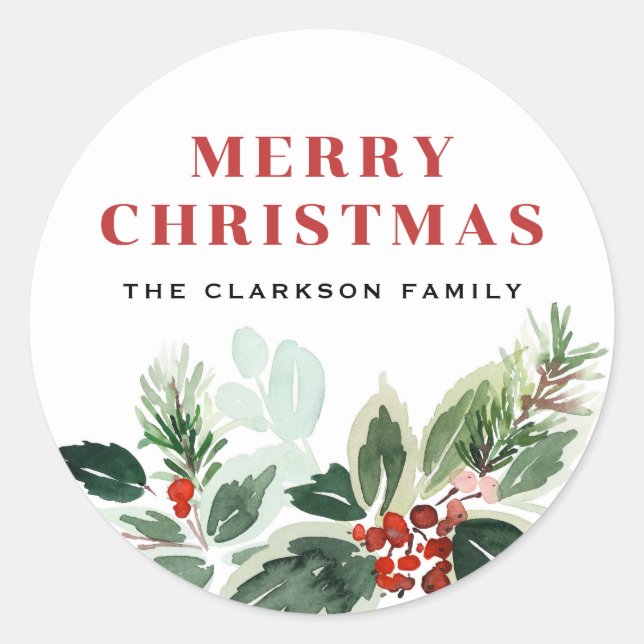 Watercolor Variegated Winterberry Leaves Christmas Classic Round Sticker (Front)