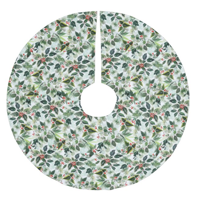 Watercolor Variegated Winterberry Pattern Brushed Polyester Tree Skirt (Front)