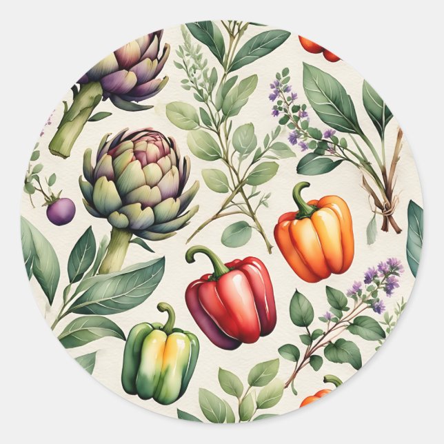 Watercolor Vegetable Garden Pattern Classic Round Sticker (Front)
