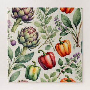 Watercolor Vegetable Garden Pattern Jigsaw Puzzle