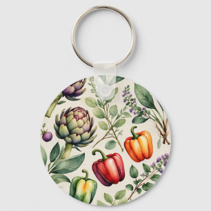 Watercolor Vegetable Garden Pattern Key Ring