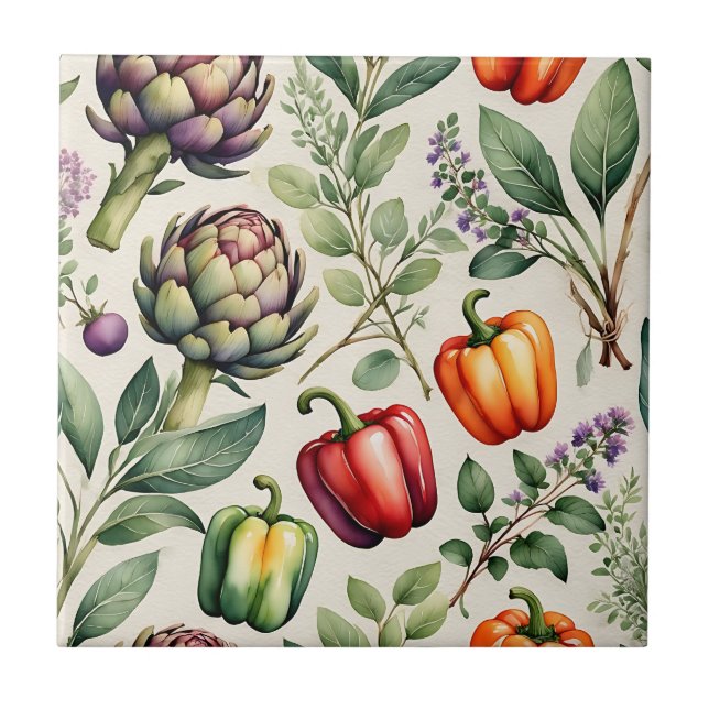 Watercolor Vegetable Garden Pattern Tile (Front)