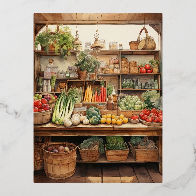 Watercolor Vegetable Store Background Foil Holiday Postcard (Front)