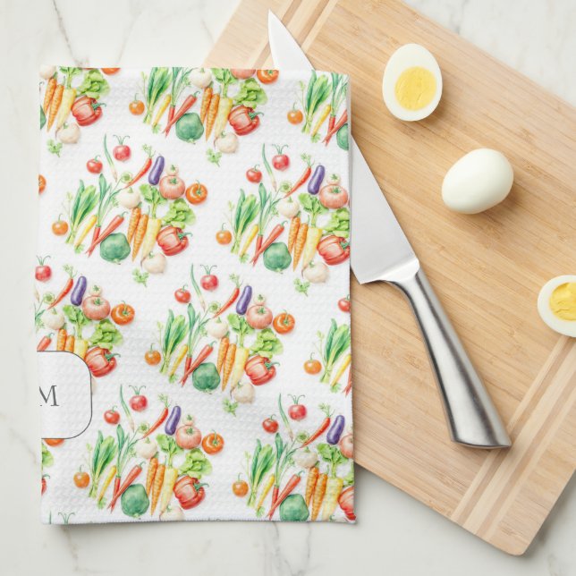 Watercolor vegetables pattern monogrammed tea towel (Quarter Fold)