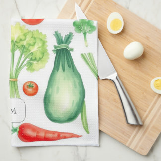 Watercolor vegetables pattern monogrammed tea towel