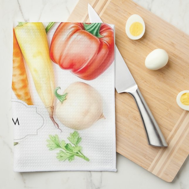 Watercolor vegetables pattern monogrammed tea towel (Quarter Fold)