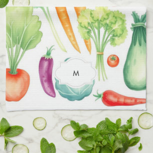 Watercolor vegetables pattern monogrammed tea towel