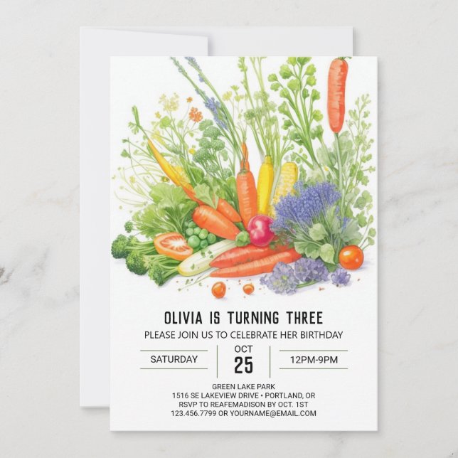 Watercolor Veggie Patch Birthday Invitation (Front)