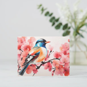 Watercolor Vibrant Bird In Cherry Blossoms Forest Postcard