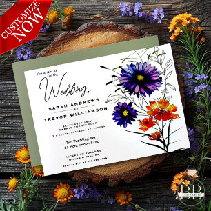 Watercolor Vibrant Orange and Purple Wildflowers Invitation