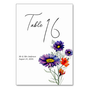 Watercolor Vibrant Orange and Purple Wildflowers Table Number