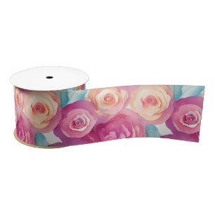 Watercolor Vibrant Painted Pink Spring Flowers Satin Ribbon