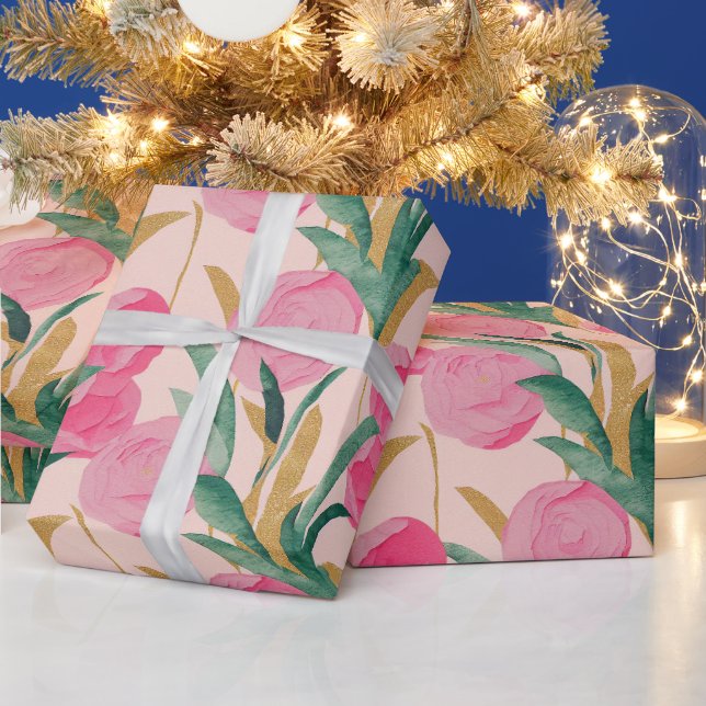Watercolor Vibrant Painted Pink Spring Flowers Wrapping Paper (Holidays)