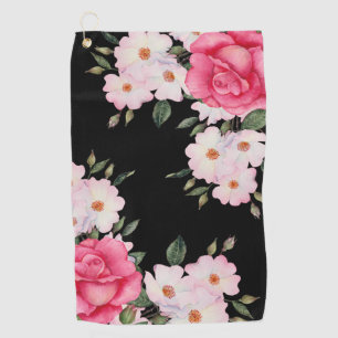 Watercolor Vibrant Pink White Roses Modern Black Golf Towel