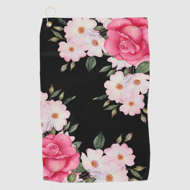 Watercolor Vibrant Pink White Roses Modern Black Golf Towel (Front)