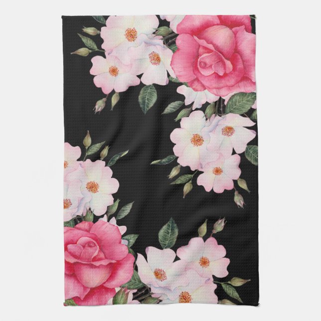 Watercolor Vibrant Pink White Roses Modern Black Tea Towel (Vertical)