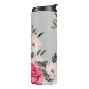 Watercolor Vibrant Pink White Roses Modern Grey Thermal Tumbler