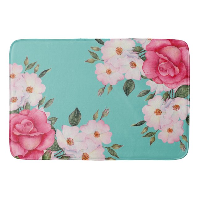 Watercolor Vibrant Pink White Roses Turquoise Back Bath Mat (Front)