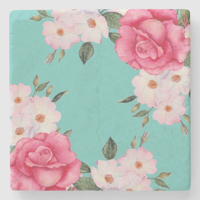 Watercolor Vibrant Pink White Roses Turquoise Back Stone Coaster (Front)