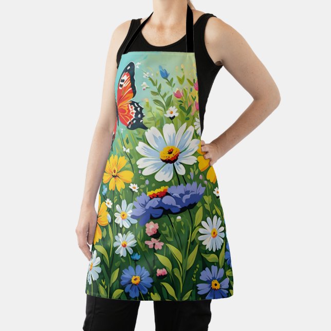 Watercolor Vibrant Spring Flowers Pattern Apron (Insitu)